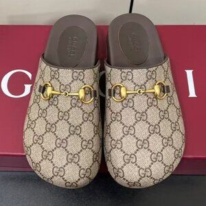 Gucci Beige Monogram Sandals with Gold Detail